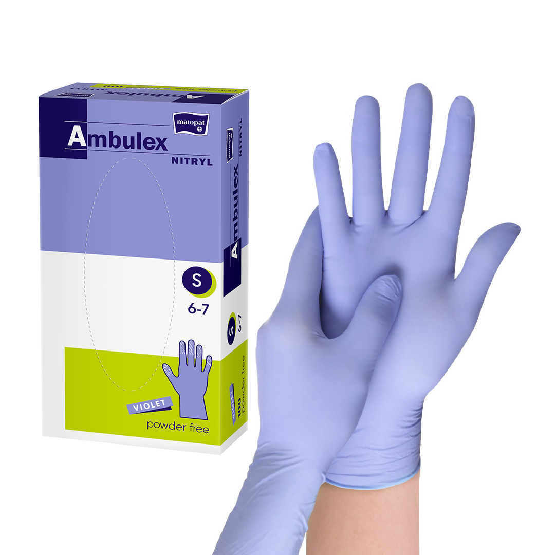 AMBULEX mănuși din cauciuc nitrilic fără pudră violet S, 100 buc/cutieAMBULEX mănuși din cauciuc nitrilic fără pudră violet S, 100 buc/cutie